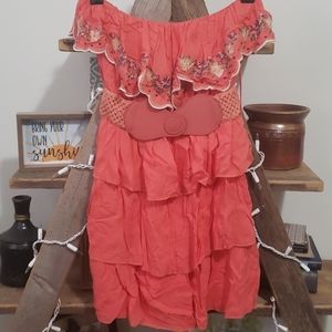 Coral Strapless Embroidered Dress - Ruffles & Belt